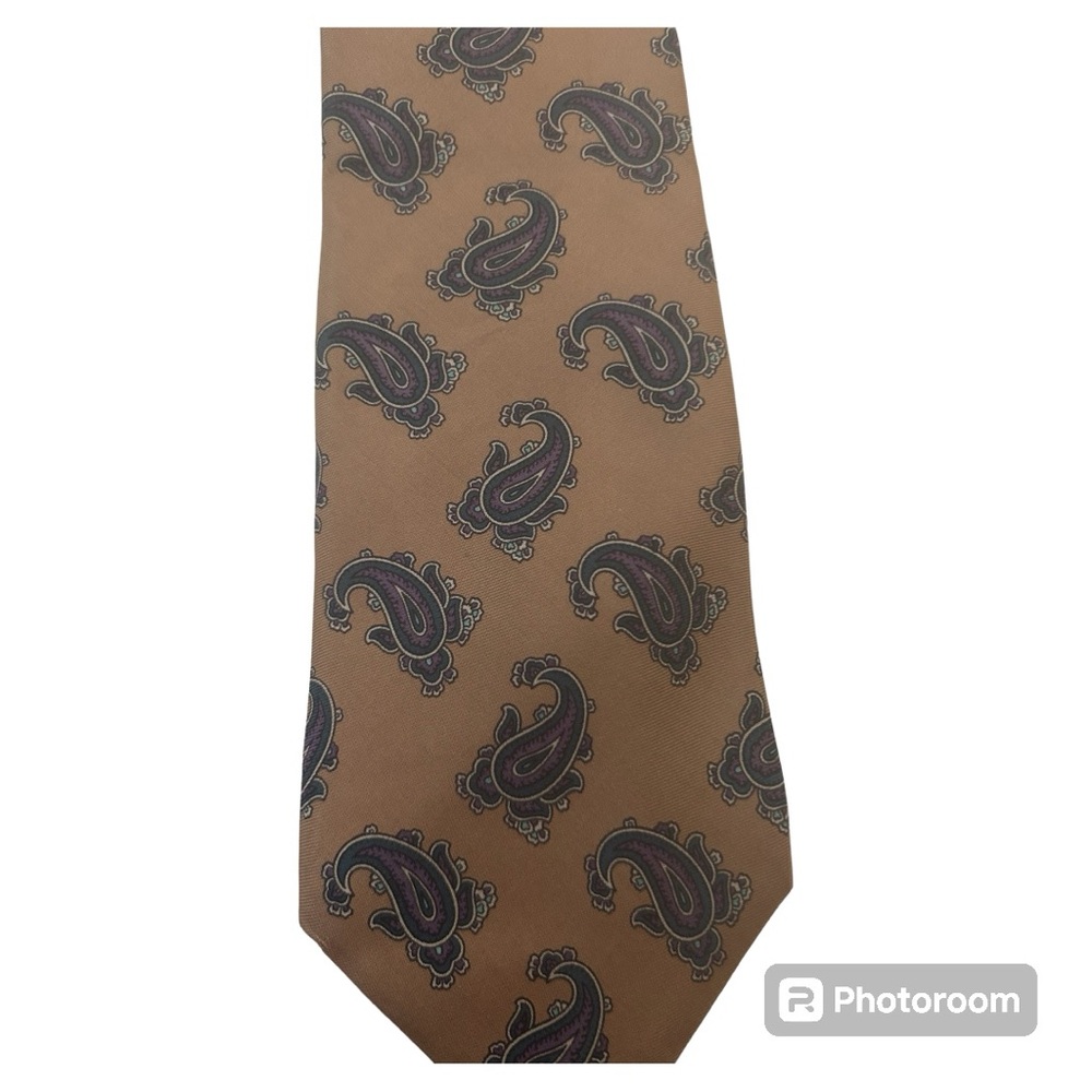 Posh Newport Beach tan print purple blue white print silk tie